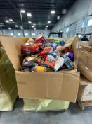 Big box store in a box with food including but not limited. two, Folgers coffee, oats, Bush's beans,