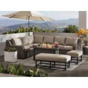 Athena collection seven piece seating sectional with fire pit all boxes present
