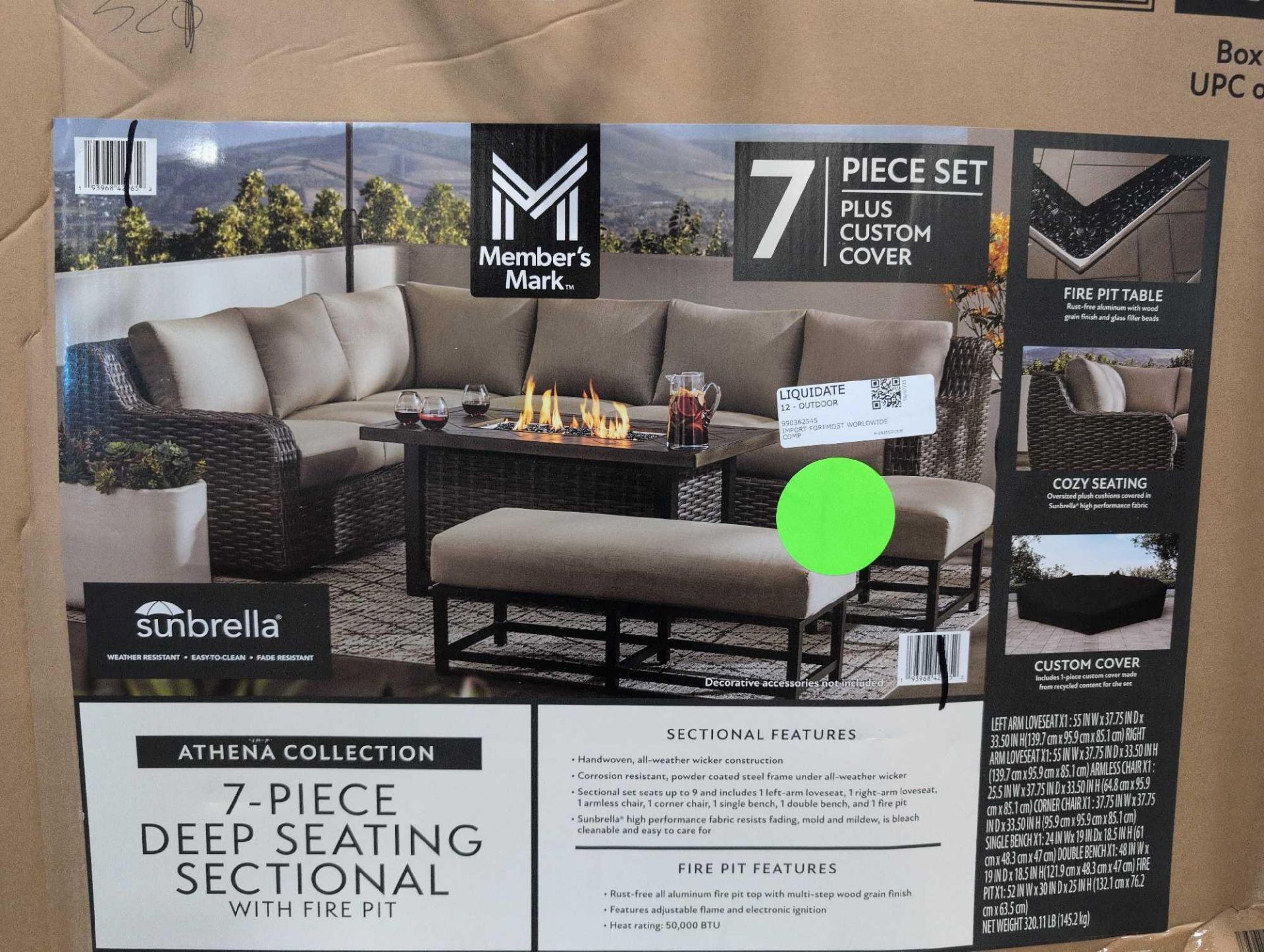Athena collection seven piece deep seating sectional with fire pit