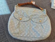 authentic Louis Vuitton Monogram Denim Daily GM shoulder bag in light blue with vachetta leather tri
