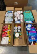 six boxes of cleaning supplies, clorox, pink cream wax, gaps and cracks filler, zinc oxide and other