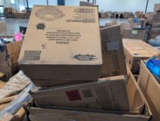 Rolled foam, food containers, diapers, water bottle, hover shot arcade, books, slip pad for a rug, a