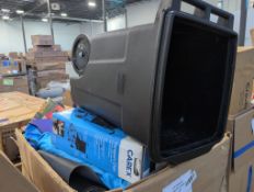 Garbage can, transport chair, rolled material, towels, records, Charmin ultra, stand tall little twi