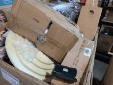 Shelf ingredient bin, pumpkin pie pinecones, pool stick, miscellaneous furniture, NFL blanket, books