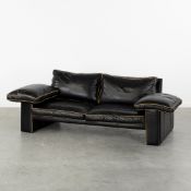 Belgo Chrom, Inca, a Two-Seater Sofa, Black Leather with Beige Accent Trim (1981).