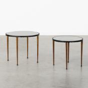 A Pair of Side Tables in the Style of Mathieu Matégot, Patinated and Perforated Metal and Glass.