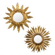 Two Sunburst Mirrors, Gilded and Sculptured Wood, One Convex and One Flat Mirror.
