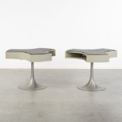 A Pair of Three-lobed Desks, Wood and Aluminum, with a Faux Leather Writing Surface. Circa 1970.