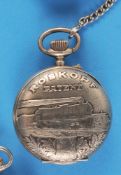 Roskopf Patent Motivtaschenuhr, Eisenbahneruhr mit Darstellung einer Dampflokomotive