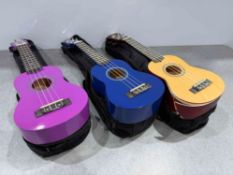 3no. Octopus Soprano Ukuleles With Travel Bags, See All Photos For Condition