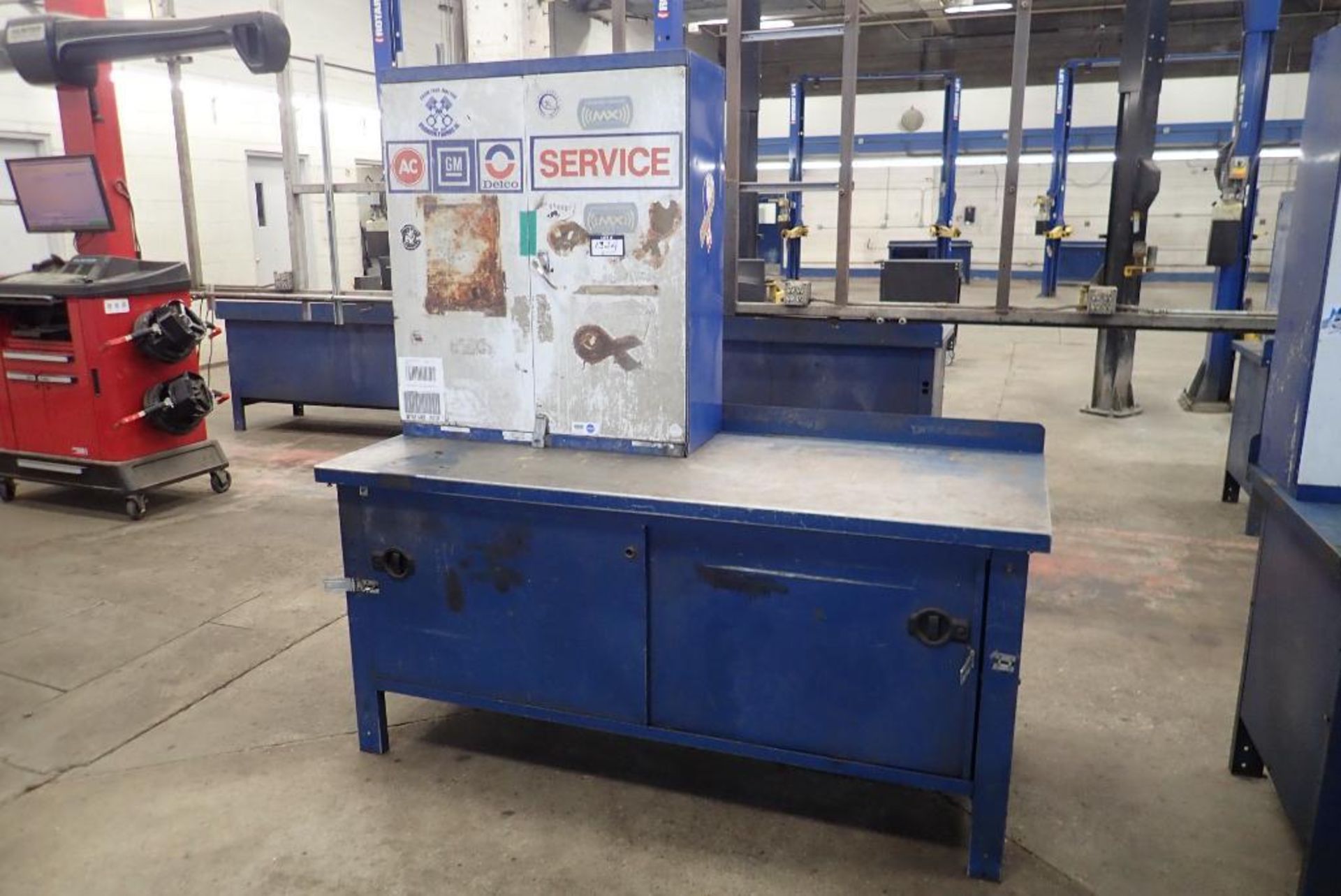 Lot of Rousseau Steel 72"x30" Shop Bench and Overhead Cabinet.