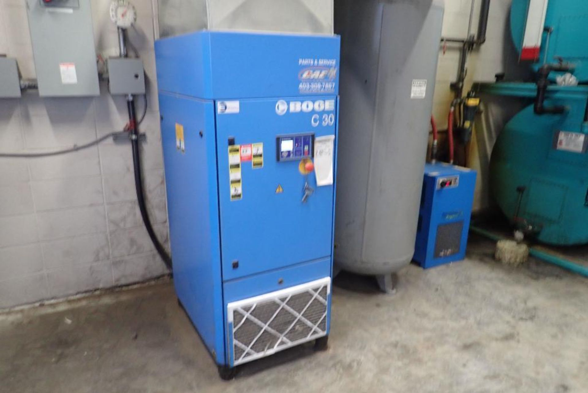 Lot of Boge C30 Screw Compressor Showing 40,472hrs, Purestream Dryer and Receiving Tank.