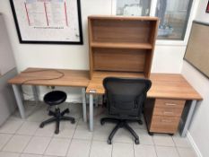 Lot of Single Pedestal Desk w/ Shelf, (1) Task Chair, (1) Stool, and (1) Side Table