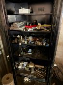 Lot of 2-Door Metal Shop Cabinet w/ Asst. Machine Parts, Including Taper Drill Bits, Tool Holders, e
