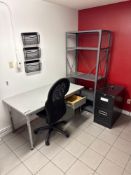 Lot of Single Pedestal Desk, (1) Task Chair, (1) 2-Drawer Filing Cabinet and (1) Parts Shelf