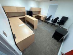 Contents of Office Including (2) L-Shaped Desks, (3) Overhead Hutches, (1) Double Pedestal Desk, (3)