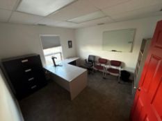 Contents of Office including L-Shaped Desk, (1) 4-Drawer Lateral Filing Cabinet, (3) Chairs, (1) Boo