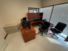 U-Shaped Desk w/ Overhead Hutch, (2) Task Chairs, etc. (Contents of Desk Not Included)
