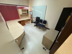 L-Shaped Desk w/ Overhead hutch, Lamp, Bookshelf, 2-Drawer Lateral Filing Cabinet, (1) Task Chair, e