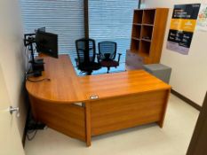 Lot of L-Shaped Desk w/ (2) Task Chairs, (1) Cabinet, etc. (Monitors Not Included)