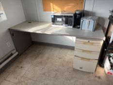 Lot of Single Pedestal Desk, Microwave, Keurig Coffee Maker, etc.