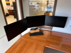 Lot of (3) LG 27” Computer Monitors w/ Triple Monitor Stand, Keyboard, etc.