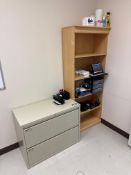 Lot of 2-Drawer Lateral Filing Cabinet, Bookshelf, and Asst. Office Supplies, etc.