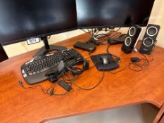 Lot of (3) BenQ Monitors, Triple Monitor Stand, Key card, ThinkPad Dock, Desktop Speakers, etc.