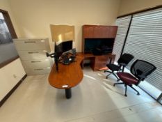 L-Shaped Desk w/ Overhead Hutch, (2) Task Chairs, and 4-Drawer Lateral Filing Cabinet (Contents of D