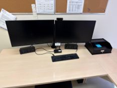 Lot of (2) LG Monitors, Dual Monitor Stand, Desktop Speakers, Keyboard, Surface Dock, etc.