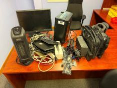 Lot of Asst. Computer Supplies Including (2) Microsoft Surface Docks, (1) Monitor, (1) Paper Shredde