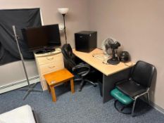 Contents of Room including TV, Fridge, Desk, Chairs, Tables, Lamp, Bed, etc.