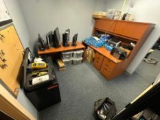 Lot of Desk w/ Overhead Hutch, Table, 2-Drawer Lateral Filing Cabinet