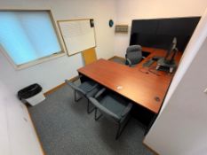 Contents of Office Including U-Shaped Desk w/ Overhead Hutch, Samsung Monitor, (2) Side Chairs, (1)