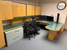 Lot of (2) LG Monitors, Keyboard, Mouse, Speakers, Lamp, Heater, Clock, (2) Task Chairs, (1) 2-Drawe