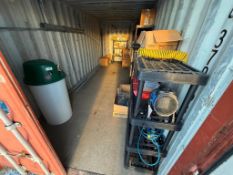 Contents of 20' Seacan including Asst. Plumbing Fittings, Glycol Tank, Plastic Shelving, etc.
