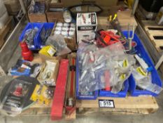 Pallet of asst. Air Horns, Air Horn Refills, Cutting Tools, Tire Repair Kits, Pad Locks, etc.