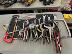 Lot of asst. Combination Wrenches, Vise Grip Pliers, Hacksaws, etc.