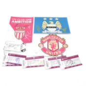 Three signed A4 club badges, with five signed ticket stubs