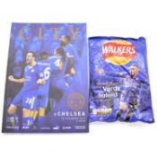 Leicester City vs Chelsea signed matchday programme, with limited edition Walkers 'Vardy Salted'