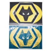 Two signed Wolverhampton Wanderers A4 club badges