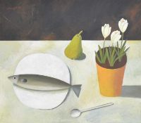 § Reg Cartwright (b. 1938-) Still Life of Fish, Pear, Spoon and Flowers