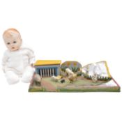 Lead animal figures, wooden zoo and Rosebud doll,