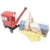 Scalex model yacht, yellow, 12 inch, boxed, with Tri-ang metal crane