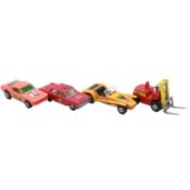 A box of loose die-cast model vehicles, mostly Matchbox
