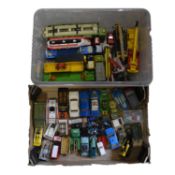 Two trays of die-cast vehicles, including Dinky, Corgi, Matchbox and others