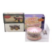 Loose and boxed diecast model vehicles, mostly buses, coaches and trams