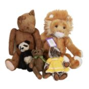 Five assorted teddy bears, including Bearhouse Bears and Robin Rive