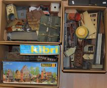 Three boxes of mostly HO and OO gauge model railway track-side buildings and accessories