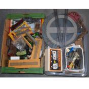 Two boxes of model railway track and accessories, including Gaugemaster Model UDS controller